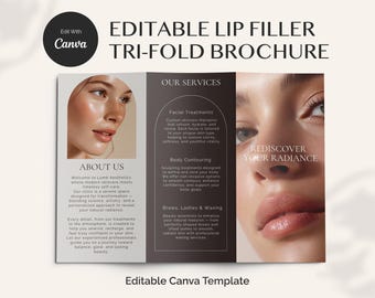 Puede incluir: Folleto tríptico que anuncia tratamientos de relleno labial, con el rostro de una mujer. El folleto detalla tratamientos faciales, contorno corporal y servicios de cejas, pestañas y depilación con cera. Es una plantilla de Canva editable.