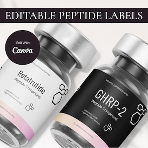 May include: Two glass vials with silver caps and labels. One label is white with pink accents and reads "Retatrutide Peptide Compound." The other is black and reads "GHRP-2 Peptide Compound." The text "Edit With Canva" is also visible.