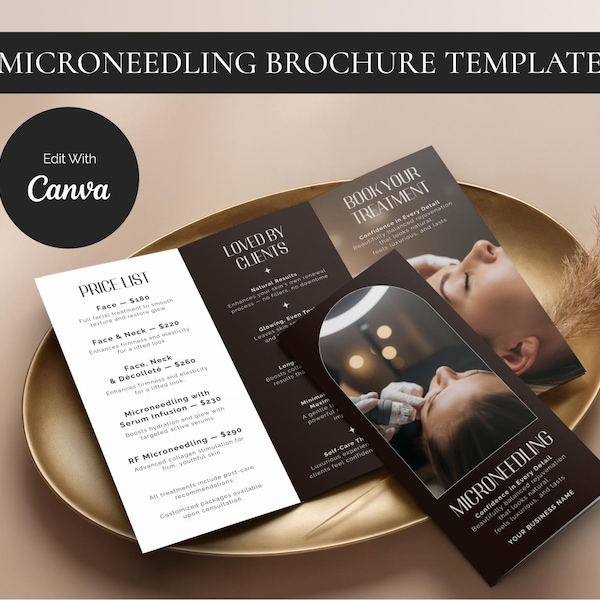 Plantilla de folleto tríptico sobre microagujas / Folleto editable sobre tratamientos de spa / Guía de cuidados posteriores para esteticistas (imprimible)