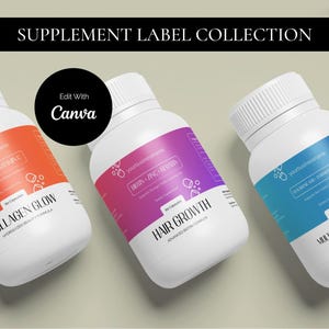 Supplement Label Templates for Canva | Collagen Hair Growth Beauty Complex Vitamin Bottle Design Digital Download