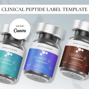 Puede incluir: Tres viales de vidrio con tapas plateadas y etiquetas coloridas. Las etiquetas dicen "GHRP-2 Peptide Compound" con fondos turquesa, morado y marrón. También se ve el texto "Clinical Peptide Label Template" y "Edit With Canva".