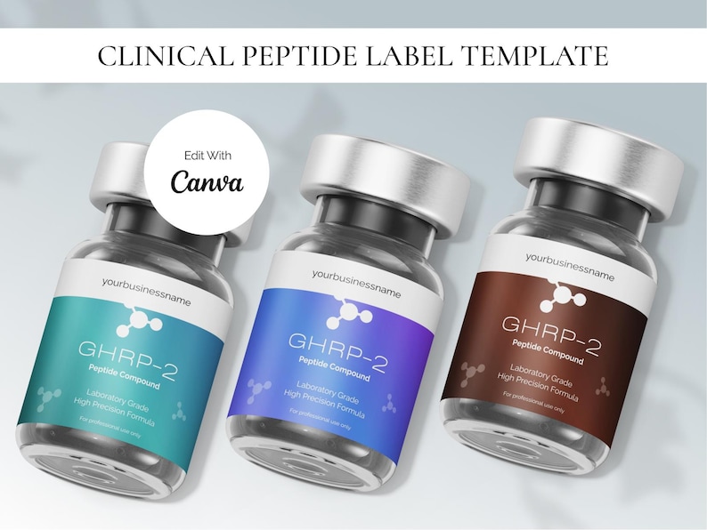 May include: Three glass vials with silver caps and colorful labels. The labels read "GHRP-2 Peptide Compound" with teal, purple, and brown backgrounds. The text "Clinical Peptide Label Template" and "Edit With Canva" are also visible.
