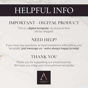 May include: A digital template information graphic with a marble background and gold leaf accents. Text includes "HELPFUL INFO", "IMPORTANT - DIGITAL PRODUCT", "NEED HELP?", and "THANK YOU". The graphic also features a logo for "AESTHETICLAB BRANDING".