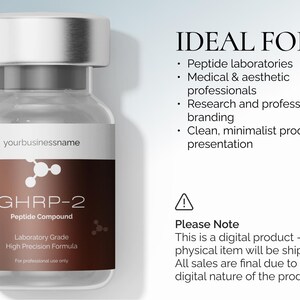 May include: A clear glass vial with a silver cap and a brown label. The label reads "GHRP-2 Peptide Compound" and "Laboratory Grade High Precision Formula." The text "yourbusinessname" is also visible.