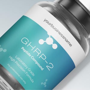 May include: A close-up of a clear glass vial with a white and teal label. The label features the text "GHRP-2 Peptide Compound" and "Laboratory Grade High Precision Formula". The vial is labeled "yourbusinessname" and is for professional use only.