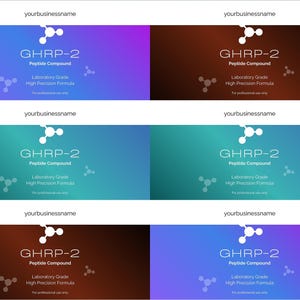 May include: A collection of six product labels with a gradient background. Each label features the text "GHRP-2 Peptide Compound" and "Laboratory Grade High Precision Formula". The labels have a white molecular structure graphic and the business name at the top.