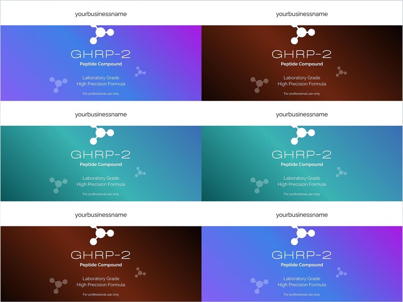 May include: A collection of six product labels with a gradient background. Each label features the text "GHRP-2 Peptide Compound" and "Laboratory Grade High Precision Formula". The labels have a white molecular structure graphic and the business name at the top.