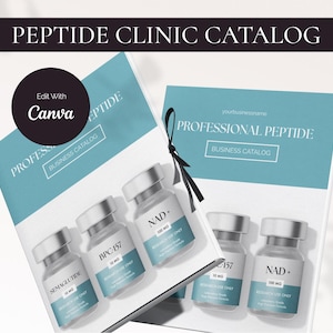 Può includere: Un catalogo intitolato "PEPTIDE CLINIC CATALOG" con il testo "Edit With Canva" su un cerchio nero. Il catalogo presenta immagini di fiale etichettate con nomi come "SEMAGLUTIDE" e "NAD+". Il catalogo è azzurro e bianco.