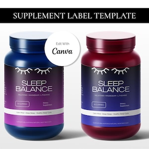 Puede incluir: Dos frascos de suplementos con el texto "SLEEP BALANCE" y las palabras "MELATONIN, MAGNESIUM, L-THEANINE". Los frascos son de color azul oscuro y burdeos con tapas blancas y etiquetas moradas y azules. La etiqueta también dice "90 Gummies".