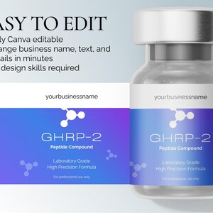 May include: A clear glass vial with a silver cap and a label featuring the text "GHRP-2 Peptide Compound." The label has a gradient of blue and purple with white text and a molecular structure graphic. The text "For professional use only" is also present.