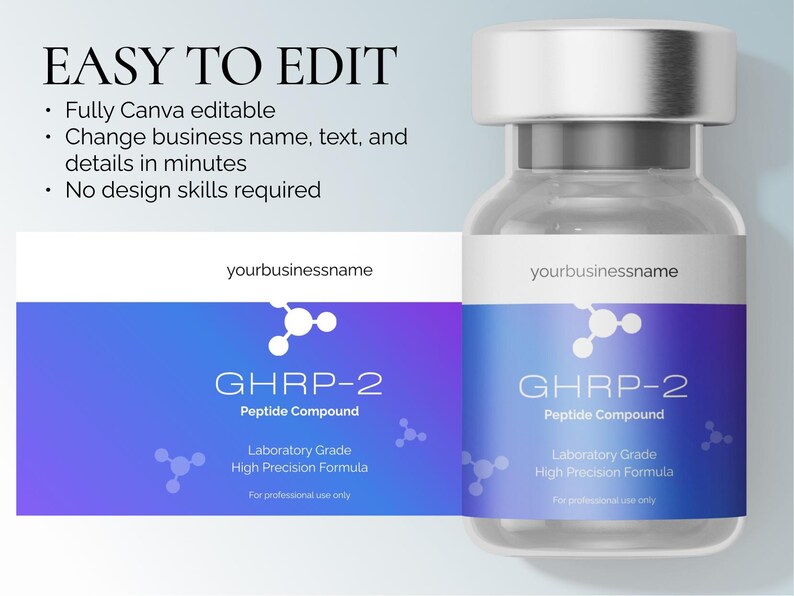 May include: A clear glass vial with a silver cap and a label featuring the text "GHRP-2 Peptide Compound." The label has a gradient of blue and purple with white text and a molecular structure graphic. The text "For professional use only" is also present.