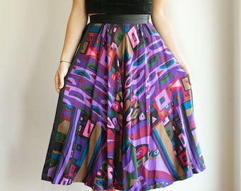 Psychedelic HandMade Midi Skirt XS S Mod Purple 60's 70's Boho Hippie Gypsy Bohemian Hipster Fun Festival Modern Avant Garde Artist Dress