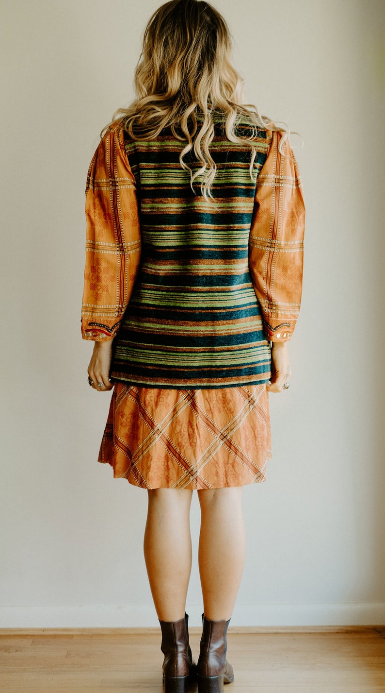 Handmade Vintage Vest S M L Boho Woven Green Navy Rust Bohemian Hippie Gypsy Hipster Mod Psychedelic 60s 70s Mod Art Earthy Folk Festival