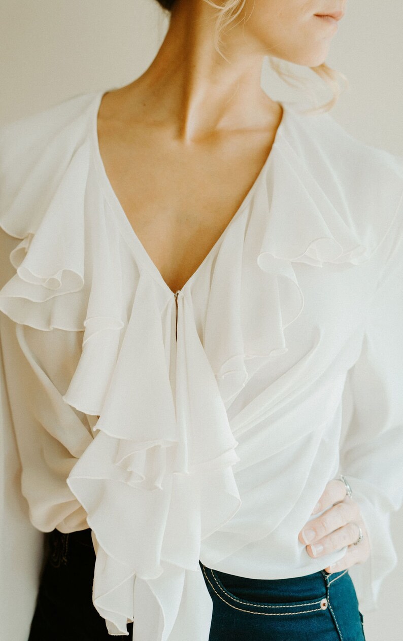 Victorian Chiffon Blouse S M L Cream Ruffle Boho Hippie Gypsy Princess Bohemian Hipster 80s 90s Grunge Club Kid Festival Wedding Mod White