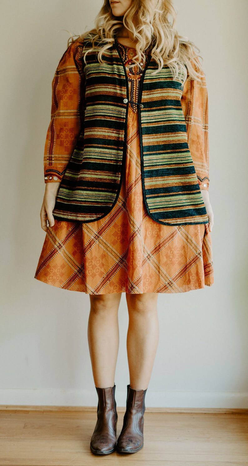Handmade Vintage Vest S M L Boho Woven Green Navy Rust Bohemian Hippie Gypsy Hipster Mod Psychedelic 60s 70s Mod Art Earthy Folk Festival