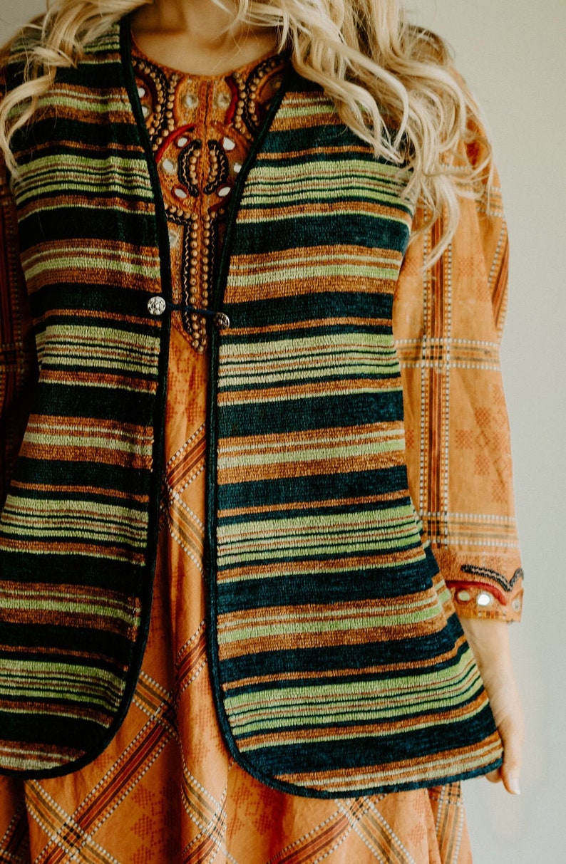 Handmade Vintage Vest S M L Boho Woven Green Navy Rust Bohemian Hippie Gypsy Hipster Mod Psychedelic 60s 70s Mod Art Earthy Folk Festival