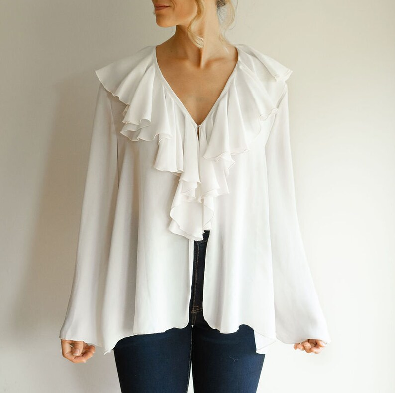 Victorian Chiffon Blouse S M L Cream Ruffle Boho Hippie Gypsy Princess Bohemian Hipster 80s 90s Grunge Club Kid Festival Wedding Mod White