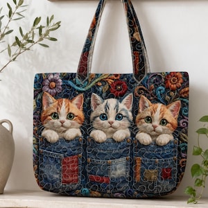 May include: A quilted tote bag featuring a dark blue denim print with three kittens peeking out of individual pockets. The design includes colourful floral patterns surrounding the kittens, with two orange and white kittens flanking a central grey kitten.