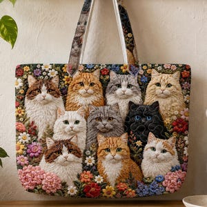 May include: A rectangular tote bag featuring a detailed print of ten cats of various colours and breeds nestled among a vibrant array of colourful flowers. The bag has two matching fabric handles and a dark background that highlights the cats.