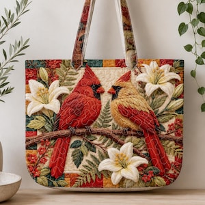 Benutzerdefinierte Kardinal gesteppte Einkaufstasche, personalisierte Blumenvogelhandtasche, romantisches Lilien-Kardinal-Einkaufsgeschenk für Vogel-Liebhaber-Frauen