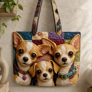 May include: A quilted tote bag featuring a colorful patchwork pattern and a detailed graphic of three tan and white chihuahua dogs. The dogs are wearing collars, one with a purple heart charm and one with a blue strap. The bag has two shoulder straps.