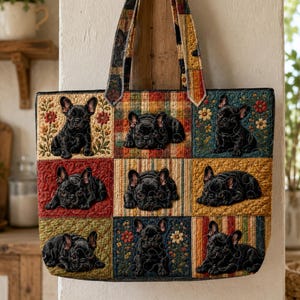 Niedliche gesteppte Tragetasche mit französischer Bulldogge, personalisierte Patchwork-Handtasche mit französischer Bulldogge, Geschenkidee für Hundeliebhaberinnen