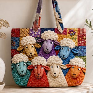 Può includere: Una borsa tote trapuntata con un design patchwork colorato caratterizzato da sette diverse applicazioni di pecore nei toni del giallo, viola, blu, verde acqua, rosso, crema e arancione. Le pecore hanno teste in lana testurizzata.