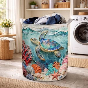 Gesteppter Wäschekorb mit Meeresschildkröten, Meereskorallekorb, Wäschekorb aus maritimem Stoff, Strandhaus-Raumorganisator