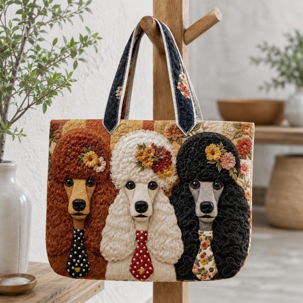 Cute Poodle Quilted Tote Bag, Personalized Floral Poodle Handbag, Vintage Dog Tote Gift for Dog Lover Women