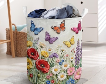 FANSU Cesto Biancheria Pieghevole Rotondo Con Fiori E Uccello Verde - Impermeabile E Capiente Per Lavanderia - 5