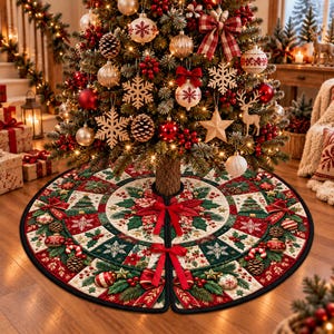 May include: A round Christmas tree skirt featuring a quilted patchwork design with red, green, and cream colors. The pattern includes printed illustrations of poinsettias, pinecones, candy canes, and ornaments. It has two red ribbon ties.