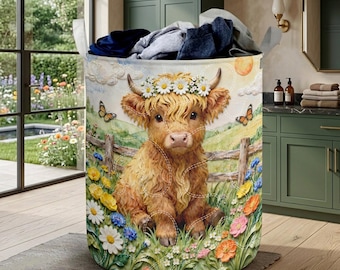 Highland Cow Quilted Tvättkorg, Söt Ko Gårdskorg, Tvättkorg med Blommor i Cottagecore, Rustik Förvaringskorg i Tyg med Bondgårdsdjur