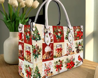Christmas Santa Claus Personalized Leather Handbag, Christmas Santa Claus Woman Shoulder Bag, Vintage Crossbody Bag, Top Handle Bag