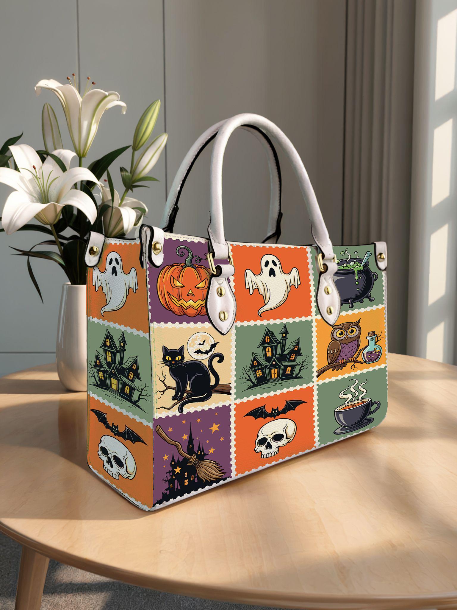 Halloween Black Cat Personalized Leather Handbag, Pumpkin Spooky Jack-o'-Lantern Woman Shoulder Bag, Vintage Crossbody Bag, Top Handle Bag