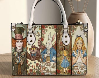Bolso de cuero personalizado de Alicia en el País de las Maravillas, bolso de hombro de mujer de Alicia en el País de las Maravillas, bolso bandolera vintage, bolso con asa superior