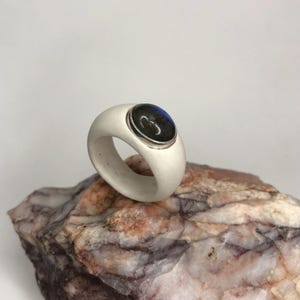 Hand Shaped Porcelain Ring, Labradorite Gemstone, Silver Frame, Statement Jewelry, Artist Jewelry