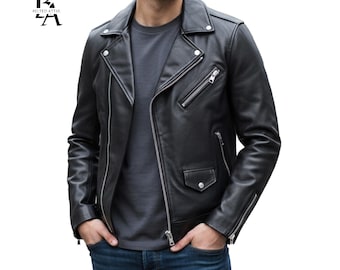 Men's Black Genuine Leather Biker Jacket | Handmade Vintage Motorcycle Coat Gift