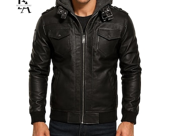 Handmade Men’s Sheep Leather Biker Jacket with Hood, Riding Style | Gift for Him