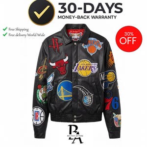 May include: Black leather jacket featuring multiple team logos and patches. The jacket has a ribbed hem and cuffs, a classic collar, and a red lining. The jacket has the text "30% OFF" on a red circle.