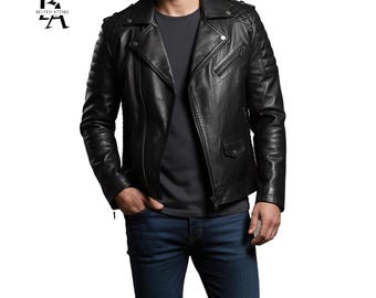 May include: Black leather jacket with a classic asymmetrical zipper closure, quilted shoulder details, and a notched lapel. The jacket has a small pocket on the chest and two side pockets. The model is wearing blue jeans and a gray t-shirt.