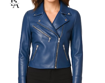 Blauwe schapenvachtleren bikerjack dames | Handgemaakte racerstijl | Kerstcadeau: