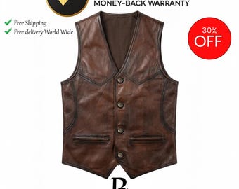 Men’s Brown Leather Vest - Genuine Lambskin Handcrafted Soft Sheepskin Waistcoat Western Jerkin Style Jacket