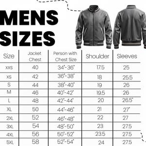 May include: A size chart for men's jackets, with measurements in inches. The chart includes sizes from XXS to 5XL, with corresponding chest, shoulder, and sleeve measurements. Two gray bomber jackets are shown.