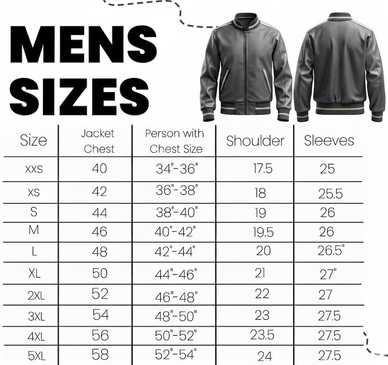 May include: A size chart for men's jackets, with measurements in inches. The chart includes sizes from XXS to 5XL, with corresponding chest, shoulder, and sleeve measurements. Two gray bomber jackets are shown.