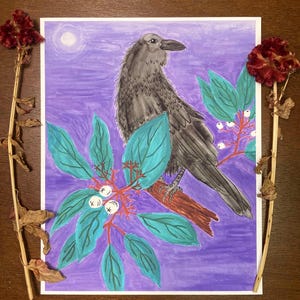 Crow and Dogwood Art Print: Spooky Botanical Wall Art, Gothic Nature Illustration 8x10