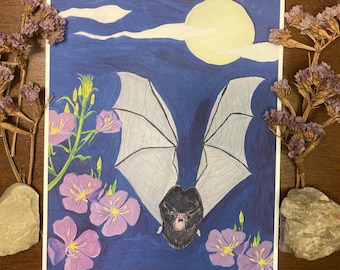 Bat and Primrose Art Print | Gothic Botanical Wall Art | Dark Nature Illustration | Witchy Garden Decor