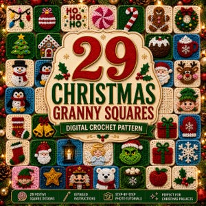 Puede incluir: Un patrón de ganchillo digital titulado 29 Christmas Granny Squares, que presenta una cuadrícula de 29 cuadrados de ganchillo únicos y coloridos con motivos navideños, incluyendo muñecos de nieve, renos, Santa, elfos y regalos.