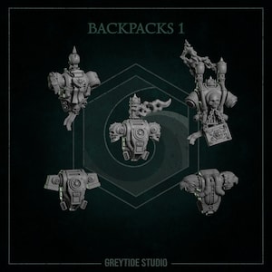 Op de afbeelding: Een donkere afbeelding met vijf gedetailleerde, grijstinten rugzakontwerpen. De rugzakken hebben ingewikkelde mechanische en schedel-thema-elementen, met de tekst "BACKPACKS 1" bovenaan en "GREYTIDE STUDIO" onderaan.