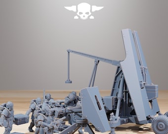 May include: A gray miniature artillery piece with several soldiers and supply cases. The word "STATIONFORGE" is printed at the top, along with a skull and wings logo. The soldiers are holding rifles and are wearing helmets.