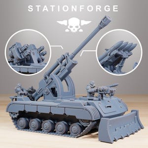 May include: A gray model tank with a large cannon and multiple missile launchers. The tank has a bulldozer blade on the front and several figures on top. The text "STATIONFORGE" is at the top.